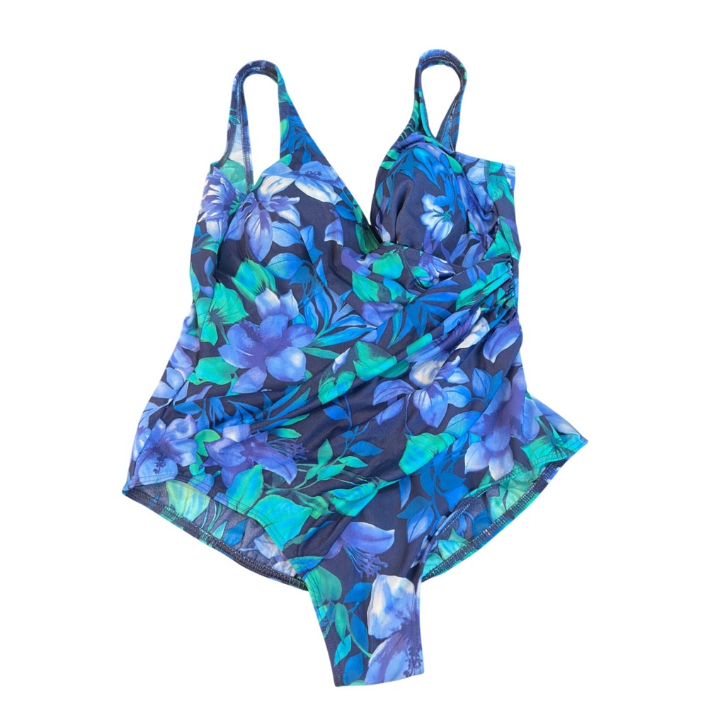 Miraclesuit One Piece Swimsuit Blue Green Floral Ruched Slimming Size 18